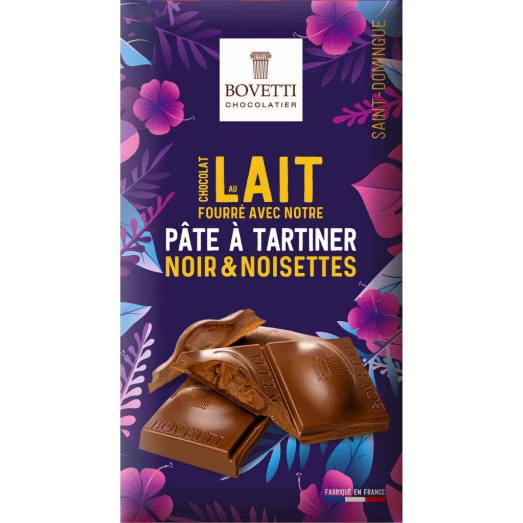 Tablette de chocolat au lait 100g fourrée à la pâte à tartiner chocolat noir et noisettes – Bovetti (disponible sur De Chandeau)