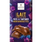 Tablette de chocolat au lait 100g fourrée à la pâte à tartiner chocolat noir et noisettes – Bovetti (disponible sur De Chandeau)