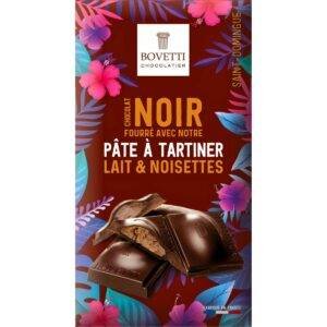 Tablette de chocolat noir 100g fourrée à la pâte à tartiner chocolat au lait et noisettes – Bovetti (sur De Chandeau)