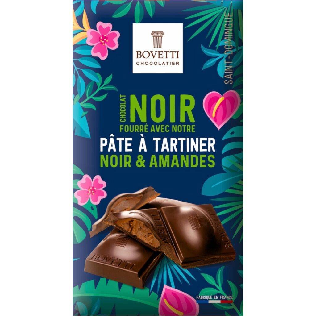 Tablette de chocolat noir 100g fourrée à la pâte à tartiner chocolat noir et amandes – Bovetti (sur De Chandeau)