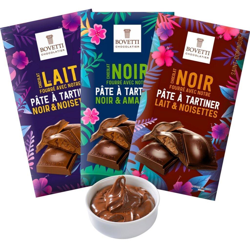 Gamme complète de tablettes de chocolat fourrées à la pâte à tartiner 100g – Bovetti (chez De Chandeau)