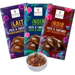 Gamme complète de tablettes de chocolat fourrées à la pâte à tartiner 100g – Bovetti (chez De Chandeau)